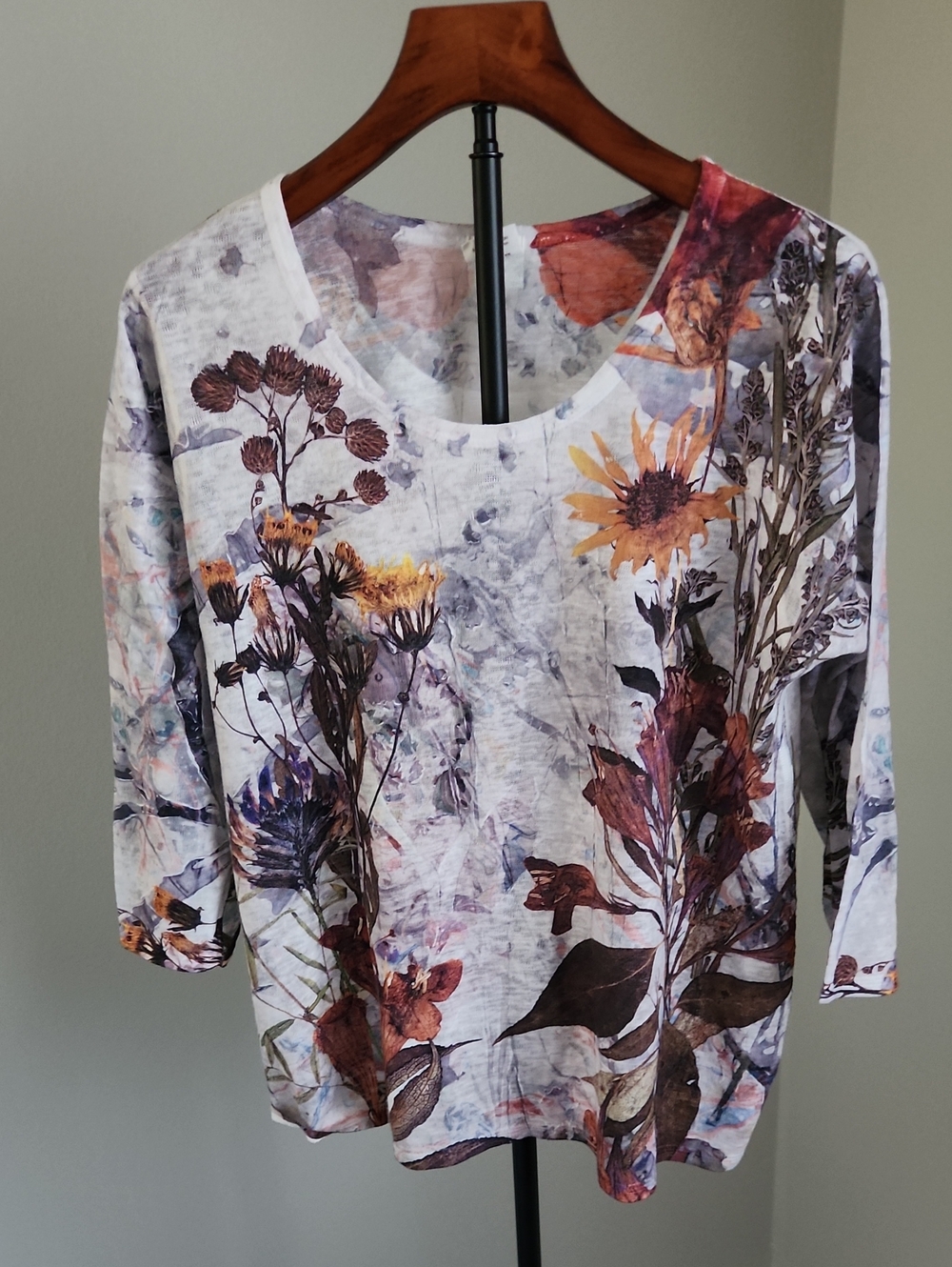 Et' Lois Fall Floral Soft Knit Top 3/4 Sleeves Size Large